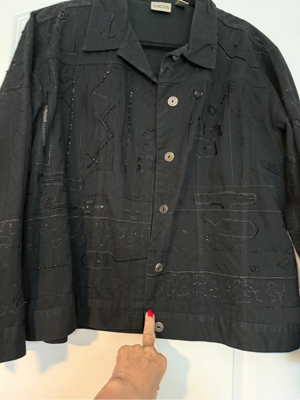 Beautiful Chico's Black Embellished, Beaded & Sequence Button-Front Jacket